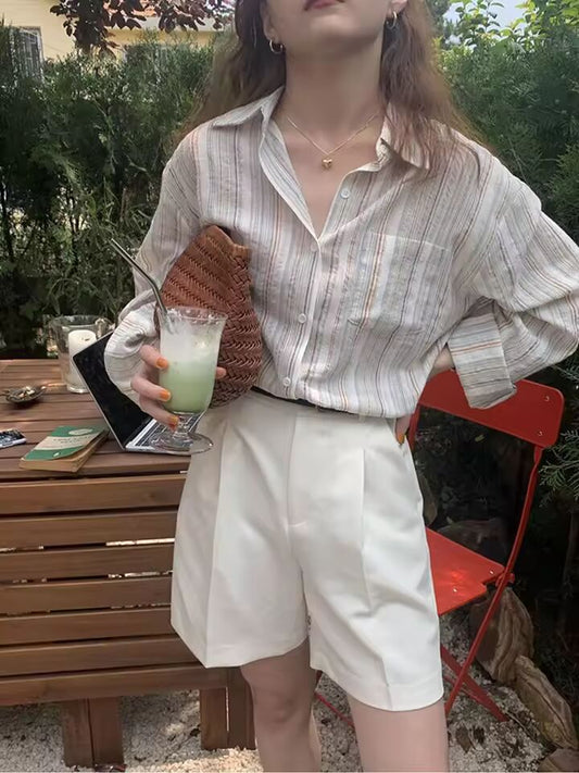 Jmprs Korean Vintage Striped Women Shirts Long Sleeve Designed Summer Cotton Loose Button Up Shirt Oversize Female Tops New
