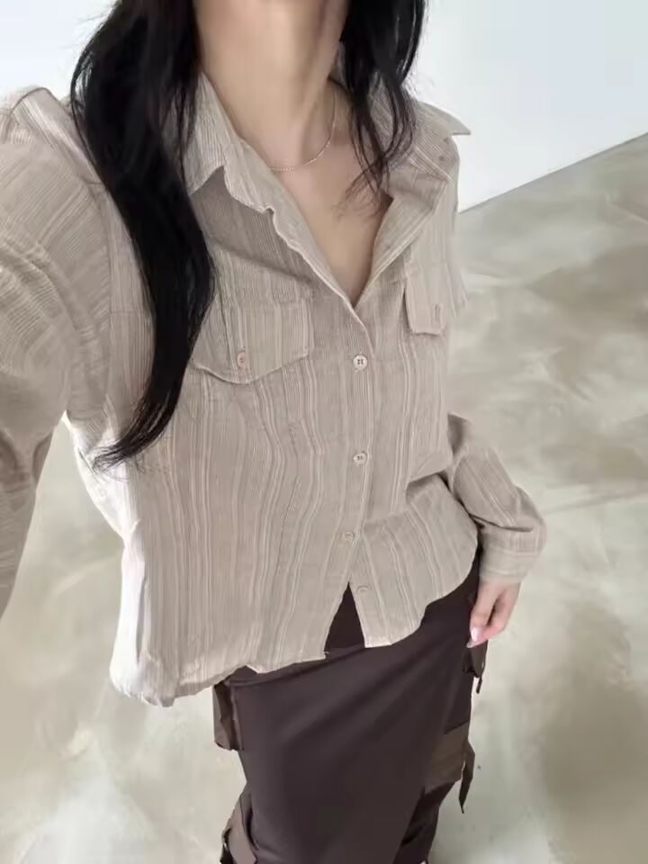 Korean Y2k Aesthetic Women Striped Blouse Casual Single Breasted Slim Fit Grunge Shirt Harajuku Office Streetwear Blusas Camisas