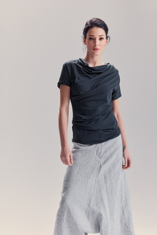 Muted Blue Top / Short Sleeved Drape Blouse / Summer Draped Top